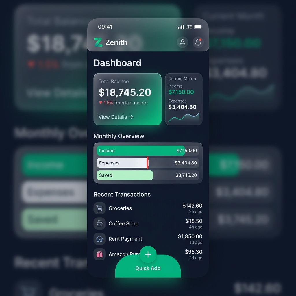 Xpensiq dashboard showing total balance, income, and expenses